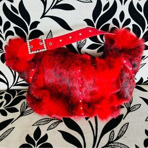 Red faux fur rhinestone belt shoulder bag purse